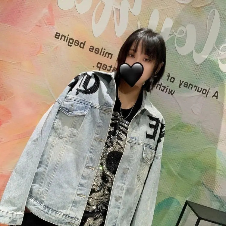 High Street Hole Denim Jacket Spring Autumn Menwomen Loose Outerwear Domineering Leopard Diamonds Trendy Handsome Jean Coat 251230