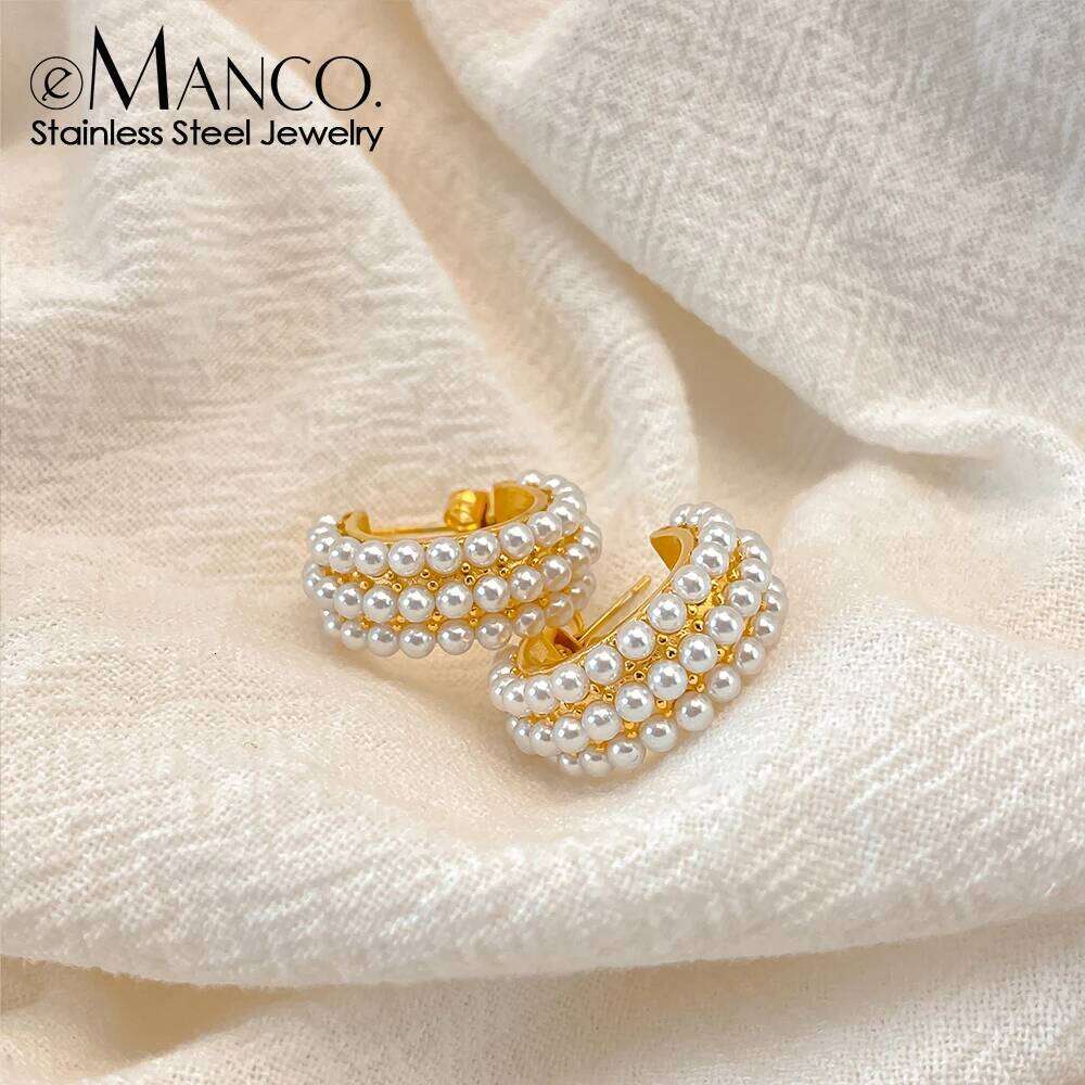 eManco Exquisite Luxury Stainless Steel Pearls Beads Hoop Huggie Earrings Romantic Elegant Fashion Charm Chic Jewelry Wholesale