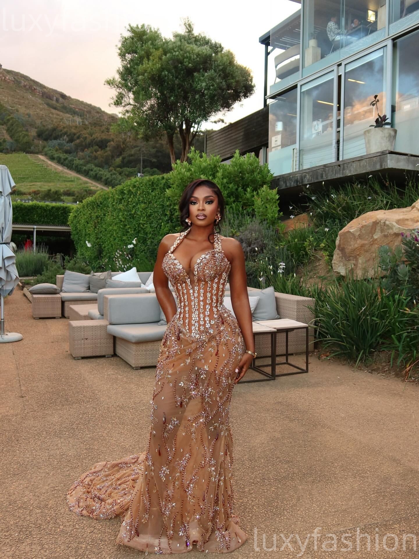 2026 Aso Ebi Champagne Mermaid Prom Dresses Halter Beaded Crystals See Through Evening Formal Party Second Birthday Engagement Gowns Dress For Special