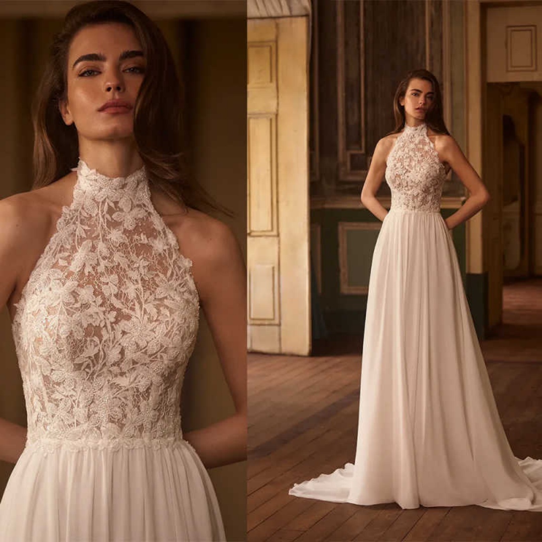 Romantic Lace Appliques Wedding Dresses Halter Neck Sleeveless A Line Bridal Gowns Engagement Occasion Party Customized