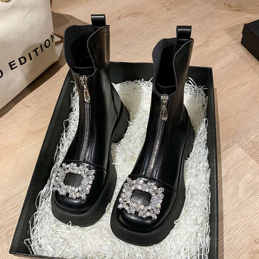 Fashionable Women Autumn Winter Ankle Boots With Square Toes Metallic Rhinestones Thick Platform Heels Front Zippers loafers