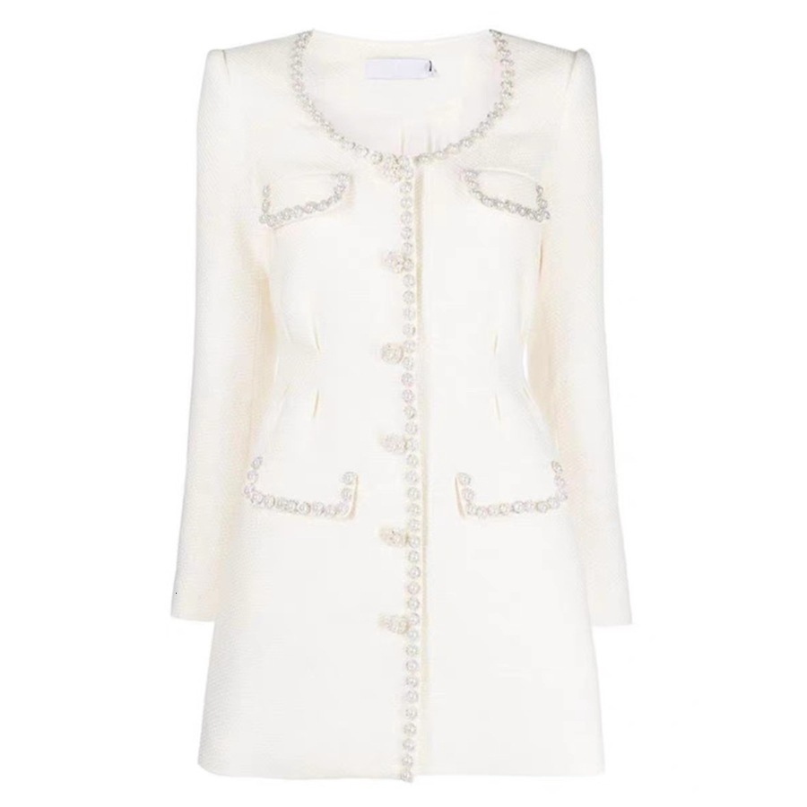 Fall Luxury New Style Sexy And Elegant Lady's White Beaded Small-chic Fashion Style Thick Lace Single-button Long-sleeved Suit Coat Dress