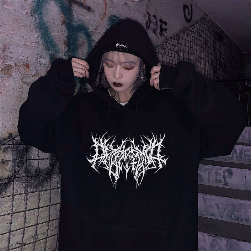 Gothic Oversized Hoodie Long Sleeve Harajuku Sweatshirt Aesthetic Hip-Hop Retro Fleece Top Women's Clothing