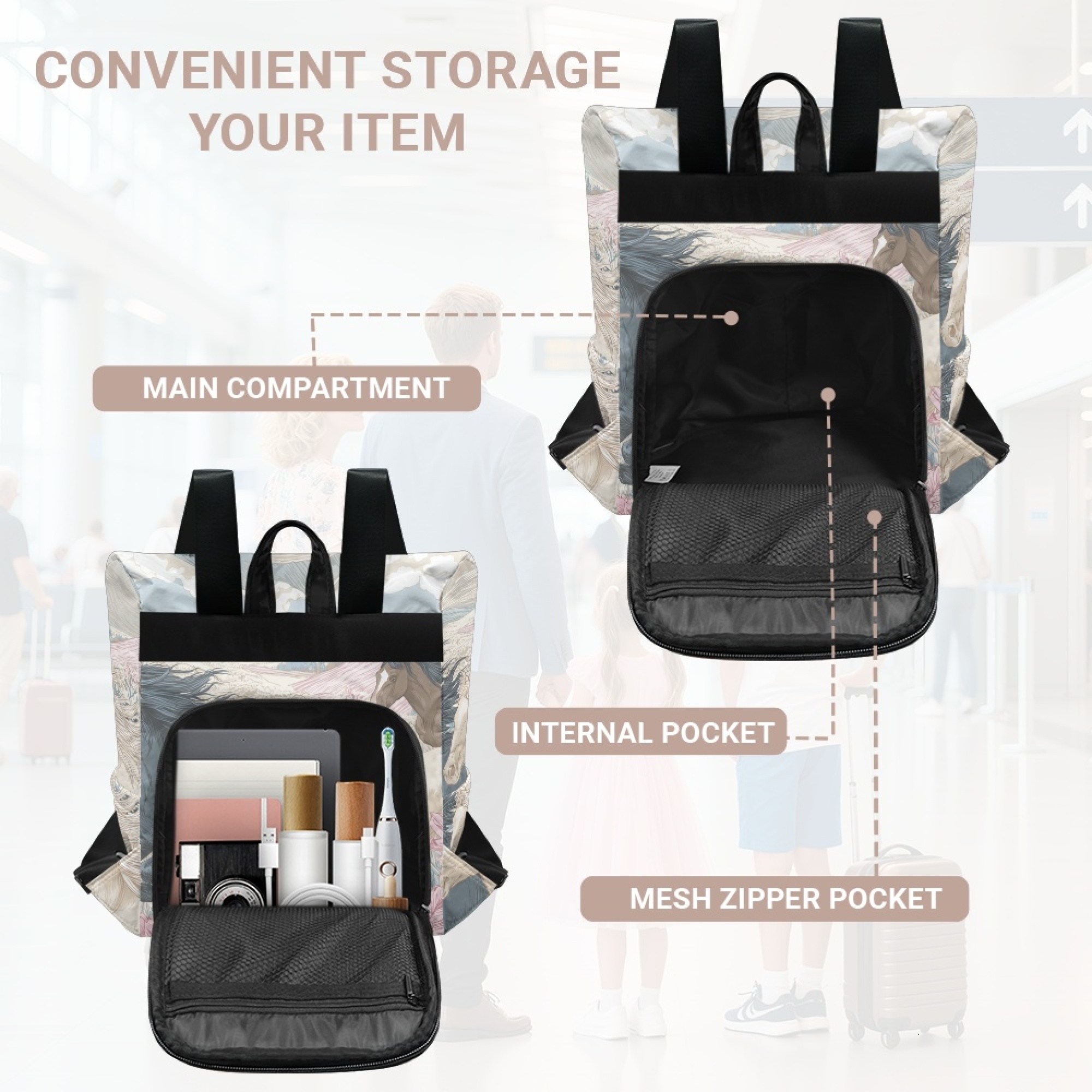 Custom H Designer Fashion Anti Theft Backpack Luxury Horse Pattern Unisex Full Print Backpack Laptop Bag Travel Bag H46