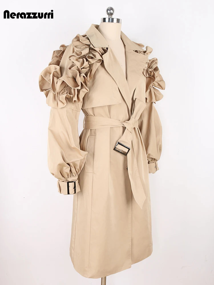 Nerazzurri Spring Autumn Runway Ruffled Khaki Long Trench Coat for Women Belt Elegant Chic Modest Clothes 2024 251231