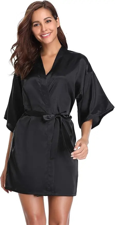 Womens Kimono Robes Dressing Gown Satin Bathrobe Nightdress Short Style Bridal Robe 251231
