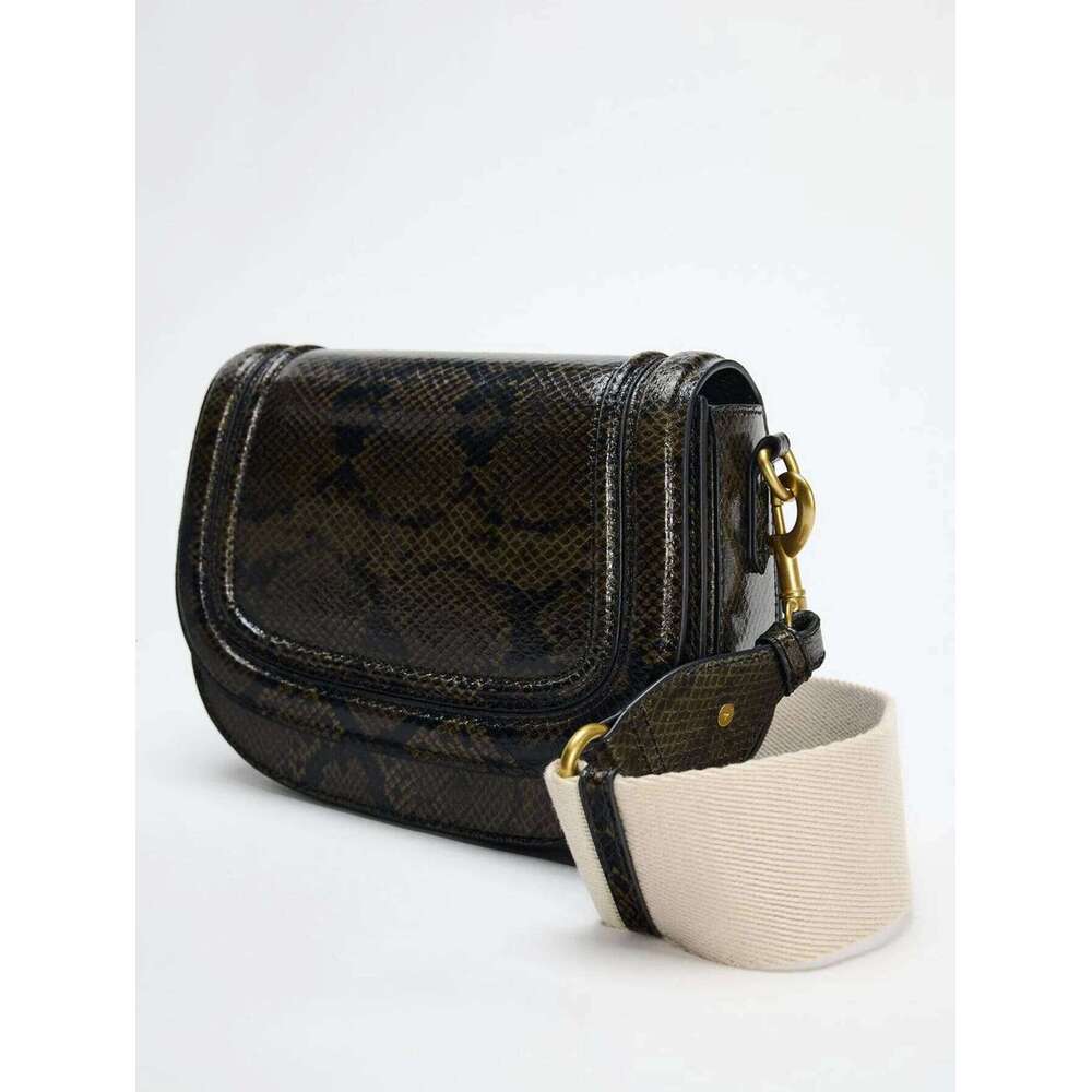 Saddle With Magnetic Buckle Flip Cover And Decorative Snake Print Crossbody Bag