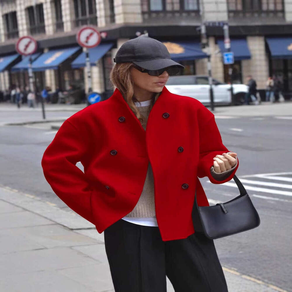 European and American Cross-Border Hot-Selling Double-Breasted Women's Solid Color Woolen Coat Casual Elegant British Style Versatile Top Export