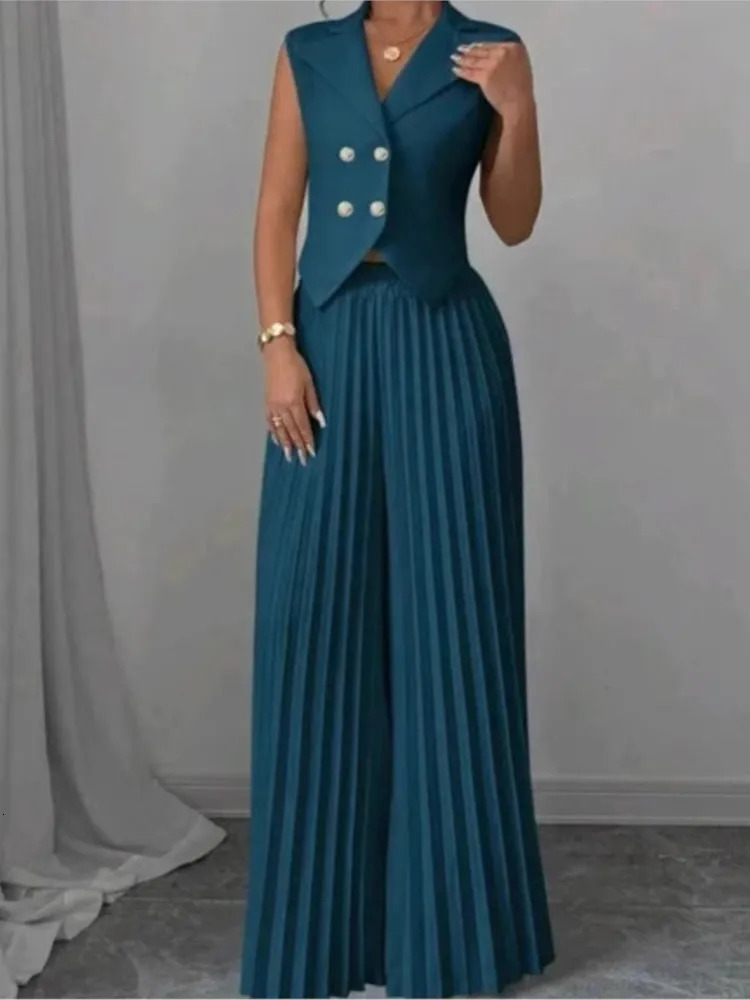 Women Fashion Solid Office Suit Casual Slim Button Two Piece Set Elegant Turn Down Collar Sleeveless BlazerPleat Pants Outfits 251225