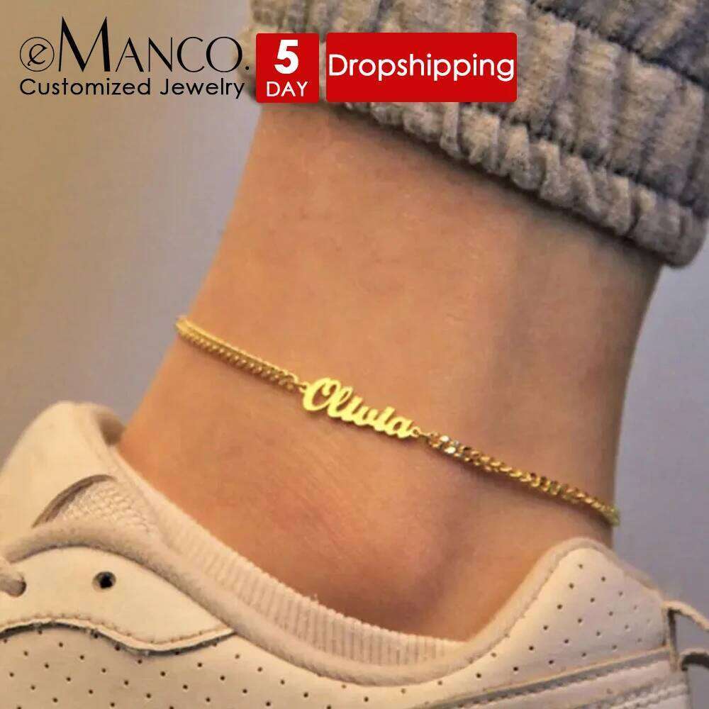 eManco Y2K Style Stainless Steel Cuban Chain Anklet with Custom Name Charm Dating Social Vacation Fashion Jewelry Accessory