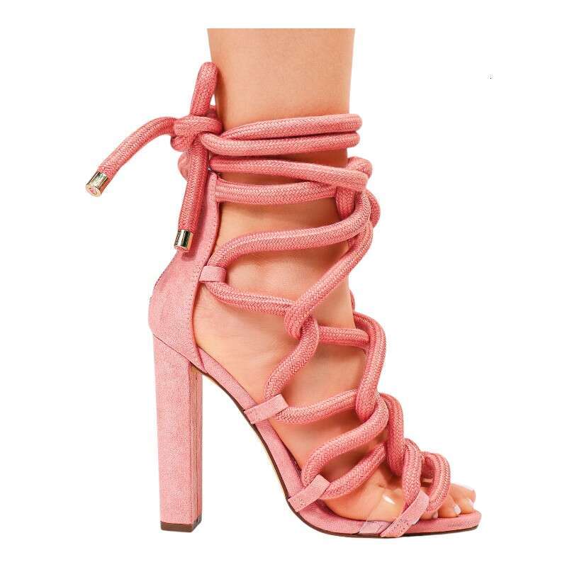 Women Chunky Rope Lace Up High Heel Sandals MOJIDASHU
