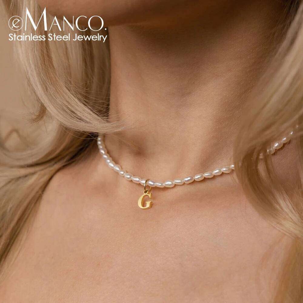 eManco Faux Pearl Initial Stainless Steel Collar Necklace Korean DIY Alphabet Accessories Name Customization