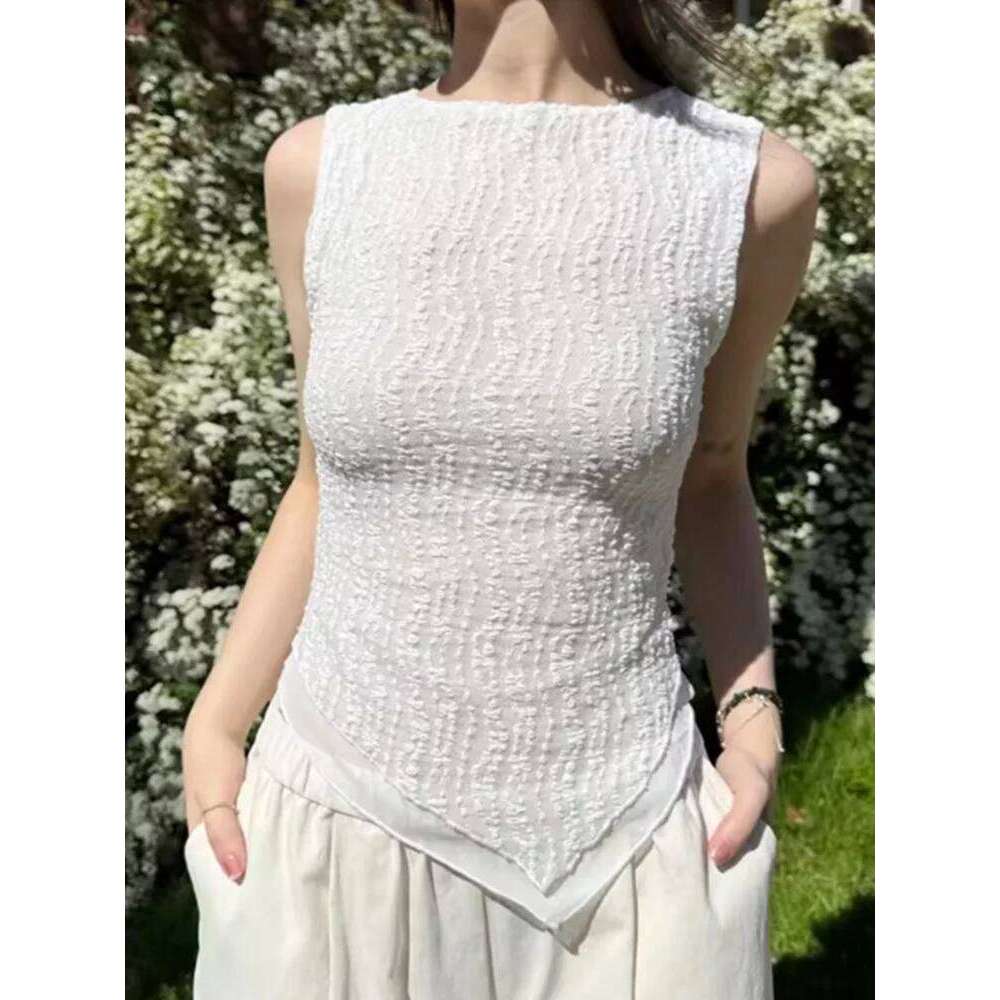 Women's T-shirt, monochrome irregular sleeveless basic vest, Gothic casual club aesthetic clothing, streetwear