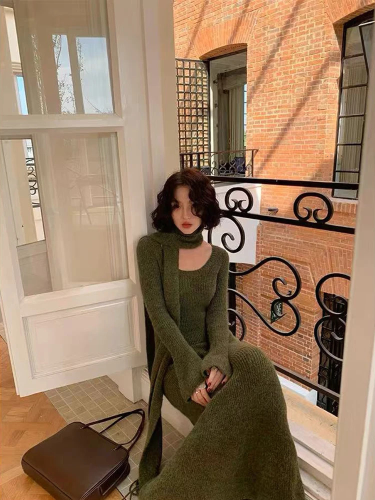 Vintage Knitted Midi Dress Y2K Autumn Slim with Scarf Long Sleeve Dress Female Korean Streetwear Chic All Match Female Vestidos 251225