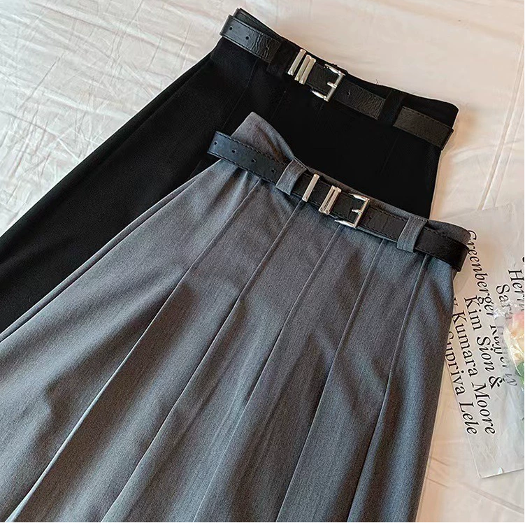 Skirts Women Maxi Skirt High Waist Pleated Ankle Length With Belt Solid Color A-Line Long For Office Women's Clothing