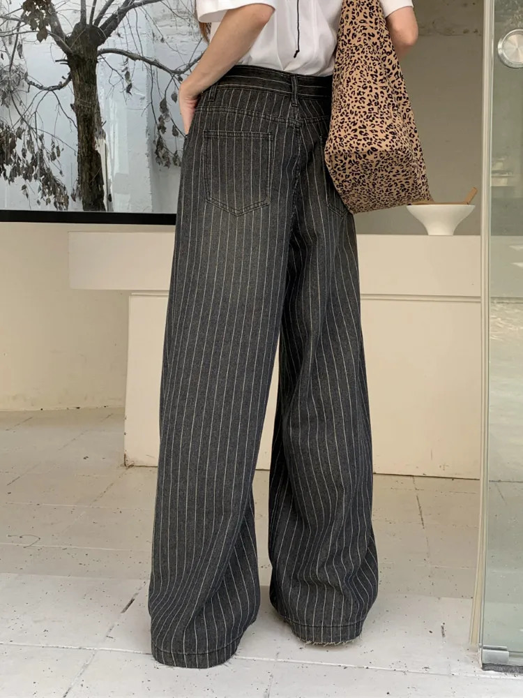 Ropa Y2K Fashion Vintage Striped Wide Leg Baggy Jeans Pants For Women Clothes Straight Washed Black Casual Lady Trousers 251226