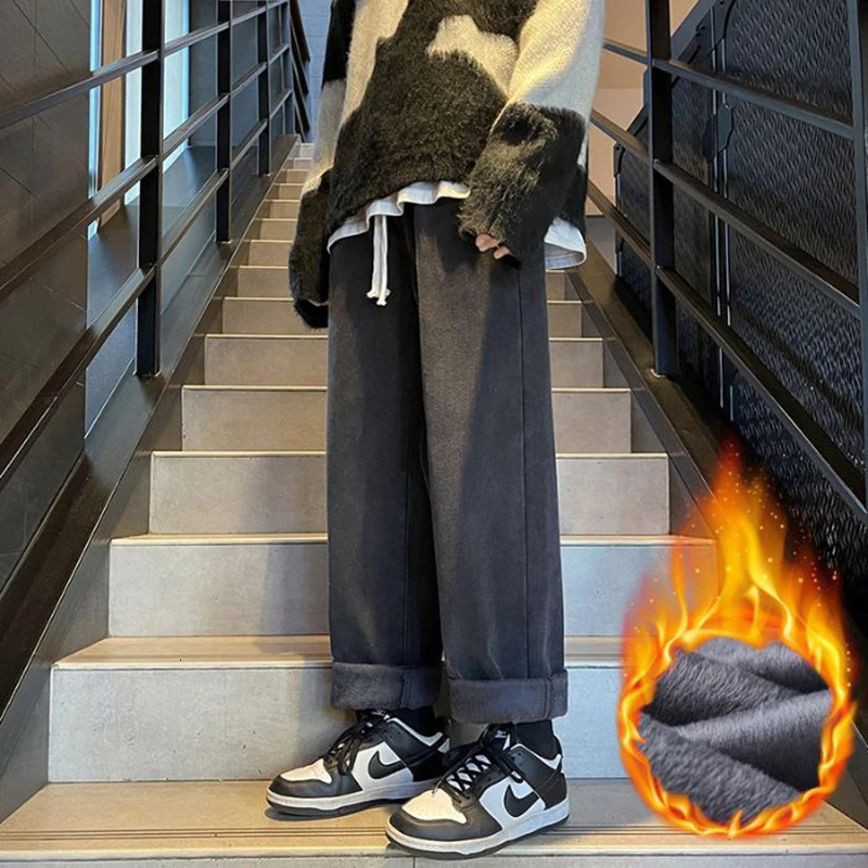 Men Snow Warm Plush Elasticity Jeans Male Fashion Fleece Lined Thickened Denim Pants Casual High Street Trousers 251226