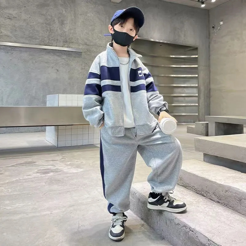 Fashion Boys Clothing Set Spring Autumn Patchwork Zipper Coat Pants 2Pcs For 4-12 Years Kids Tracksuits Teenager Casual Outfits 251230