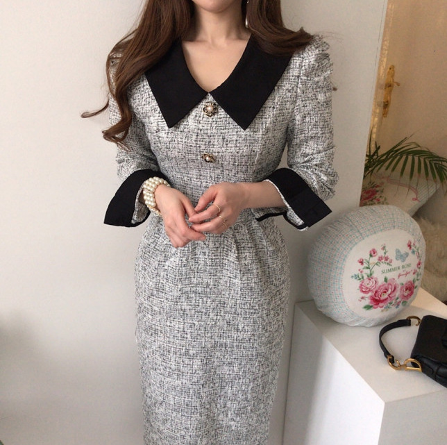 2026 New Style - French-style Elegant And Simple Urban Style Color-matched Tweed Women's Dress With A Fitted Waist And High-end Long Design