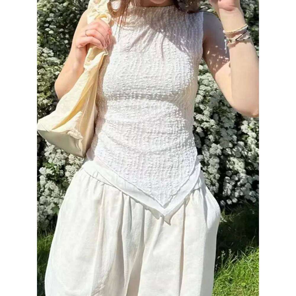 Women's T-shirt, monochrome irregular sleeveless basic vest, Gothic casual club aesthetic clothing, streetwear