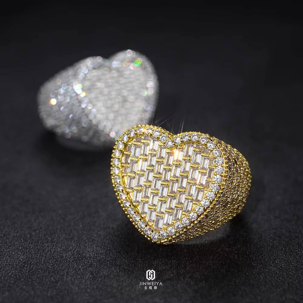 JWY Factorys 925 Silver 14K Gold Heart/Love Ring for Women Hip Hop Style Micropaved Zirconia Fashion Trend