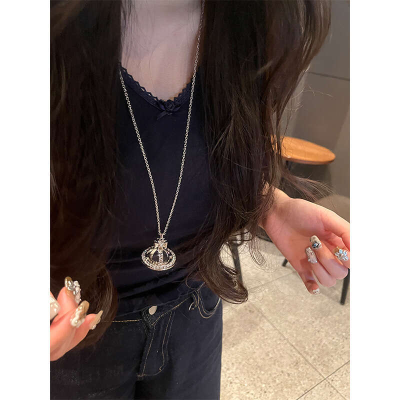 Empress Dowager Pina Large Rivet Full Diamond Orb High Version Sparkling Sweater Chain Three-Dimensional Saturn Necklace