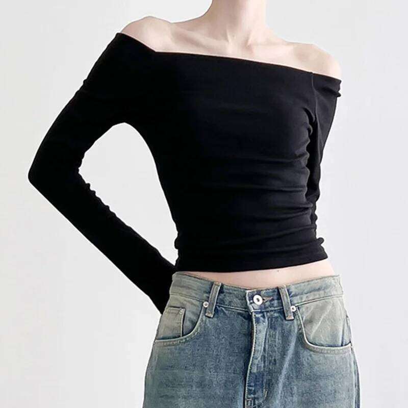Black Solid Slash Neck Elegant Long Sleeve Tops Korean Fashion Slim Sexy Cropped T Shirt Women Fall Clothing
