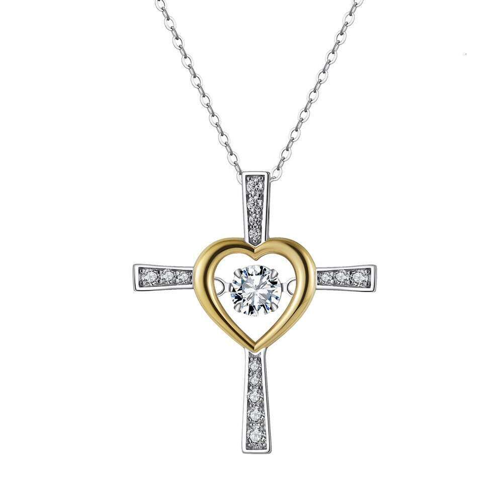Hot Sale S925 Silver Beating Heart Cross Necklace for Women Heart-Shaped Collarbone Sweater Chain