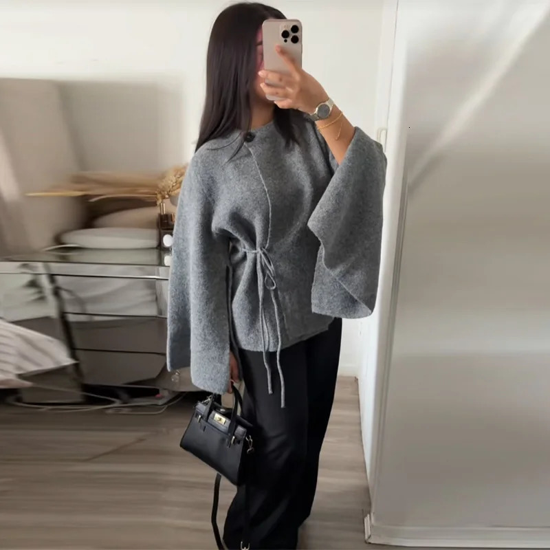 Casual Solid Womens Cardigan Lace Up Loose Knitwear Chic Spliting Batwing Sleeve Knitted Sweaters 2025 Autumn Lady Knit Top 251224