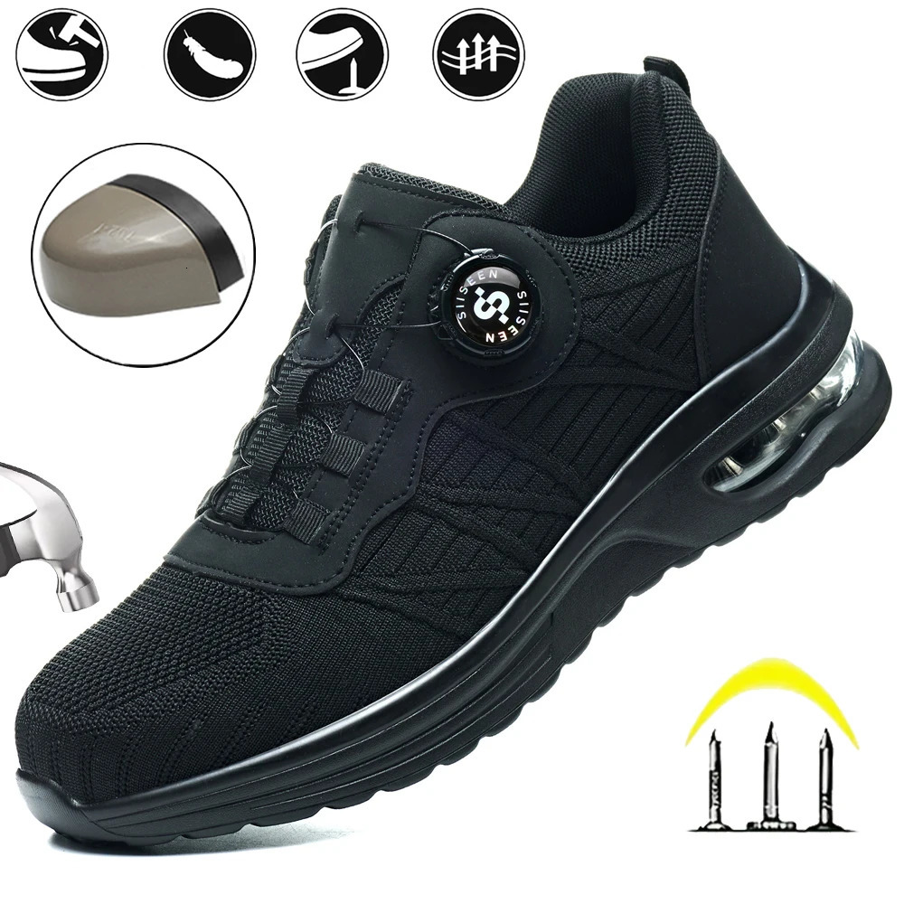 Mens Safety Shoes Steel Toe Anti- Crush Puncture Resistant Pure Black Button Air Cushion Lightweight Work Shoes 251226