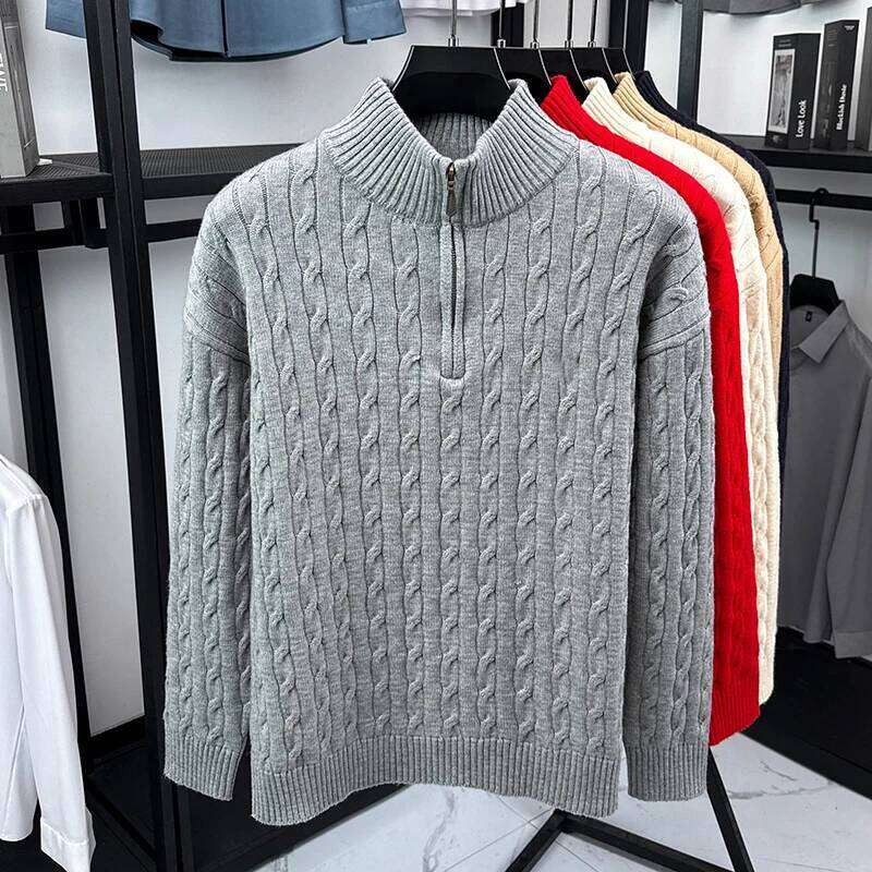 Fashion jacquard semi high neck knitted sweater men high-quality zipper autumn winter thicken warm comfort solid color pullover