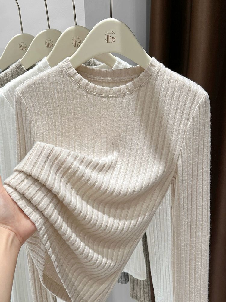 Apricot Ribbed Brushed Knit Base Shirt For Women 2025 New Autumn Winter Wearable Overcoat Inner Layer Round Neck Top