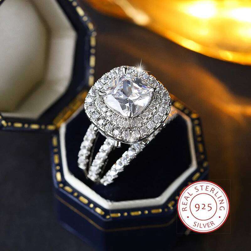 Luxury CZ Diamond Engagement for Women, High-End Full-Coverage Sparkling Bridal Jewelry, 925 Silver Plated Elegant Ring