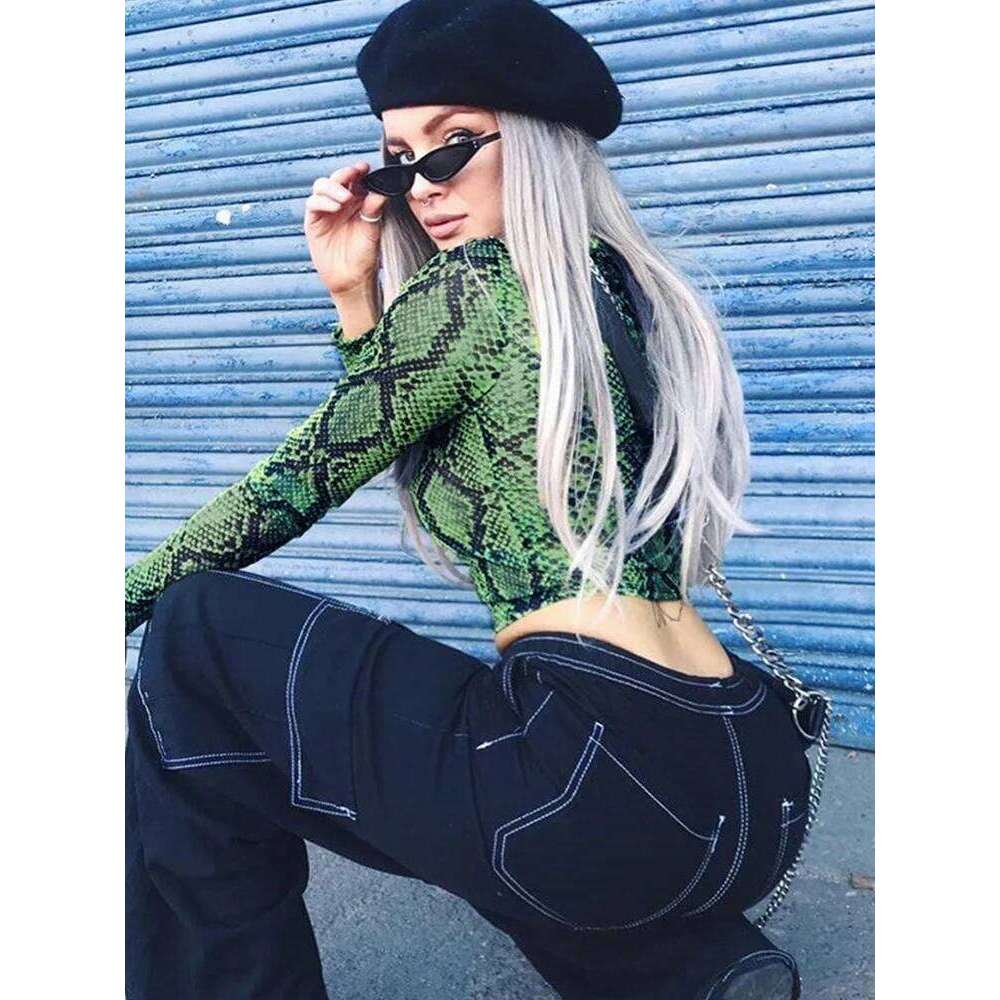 Casual Green Snake Print T Shirt Women Mesh Top Long Sleeve Transparent Snakeskin Female T-shirt High Neck Crop Tops