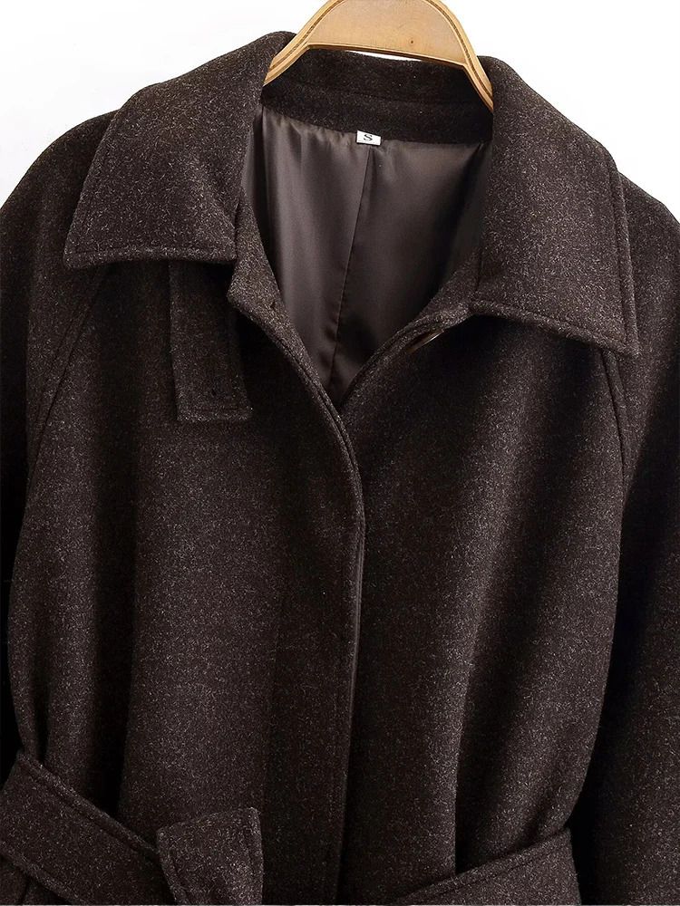 Europeanstyle womens fashionable and versatile elegant singlebreasted wool coat with lapel belt 251216