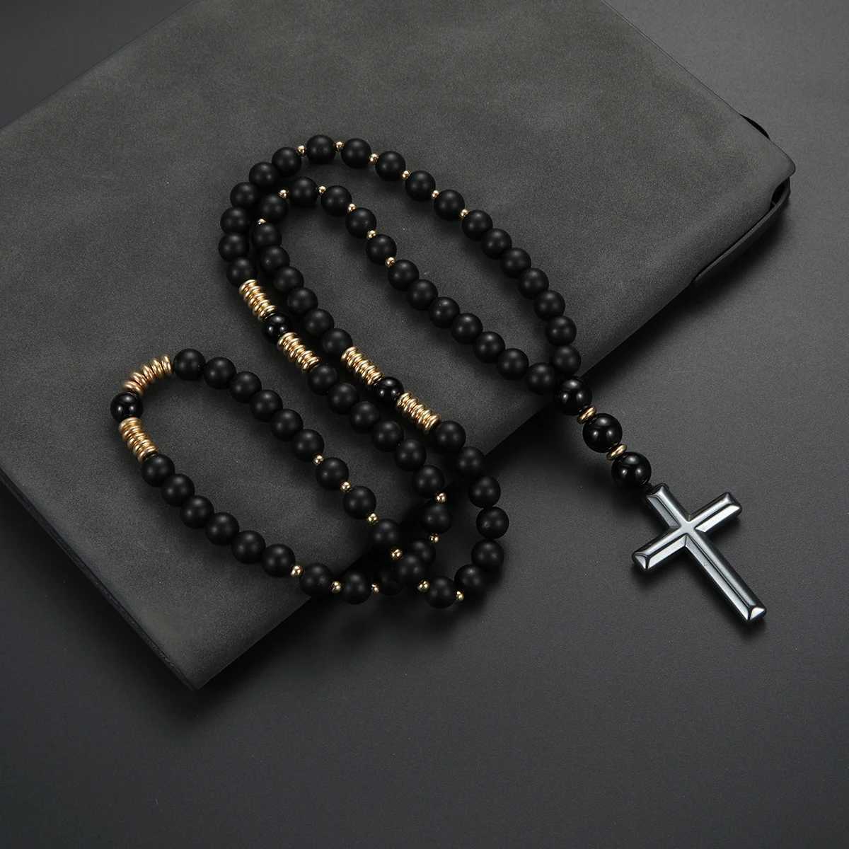 Cool Black Round Beads with Golden Color Spacer Beaded Cross Pendant Necklace for Men and Women W260104