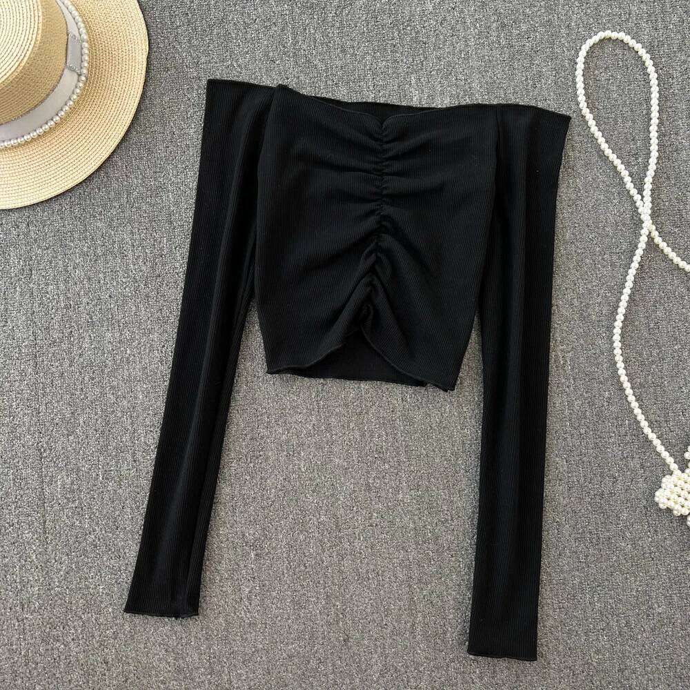 Sexy spicy girl single neck off shoulder pleated slim fit T-shirt, suitable for women's casual and fashionable short top tre