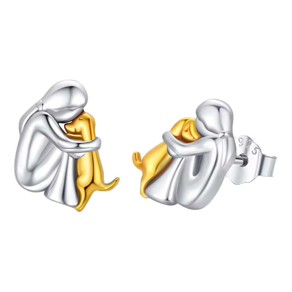 S925 Sterling Silver Girl Hugging Dog Earrings for Women Fashion Versatile Simple Cute Animal Pendant Jewelry