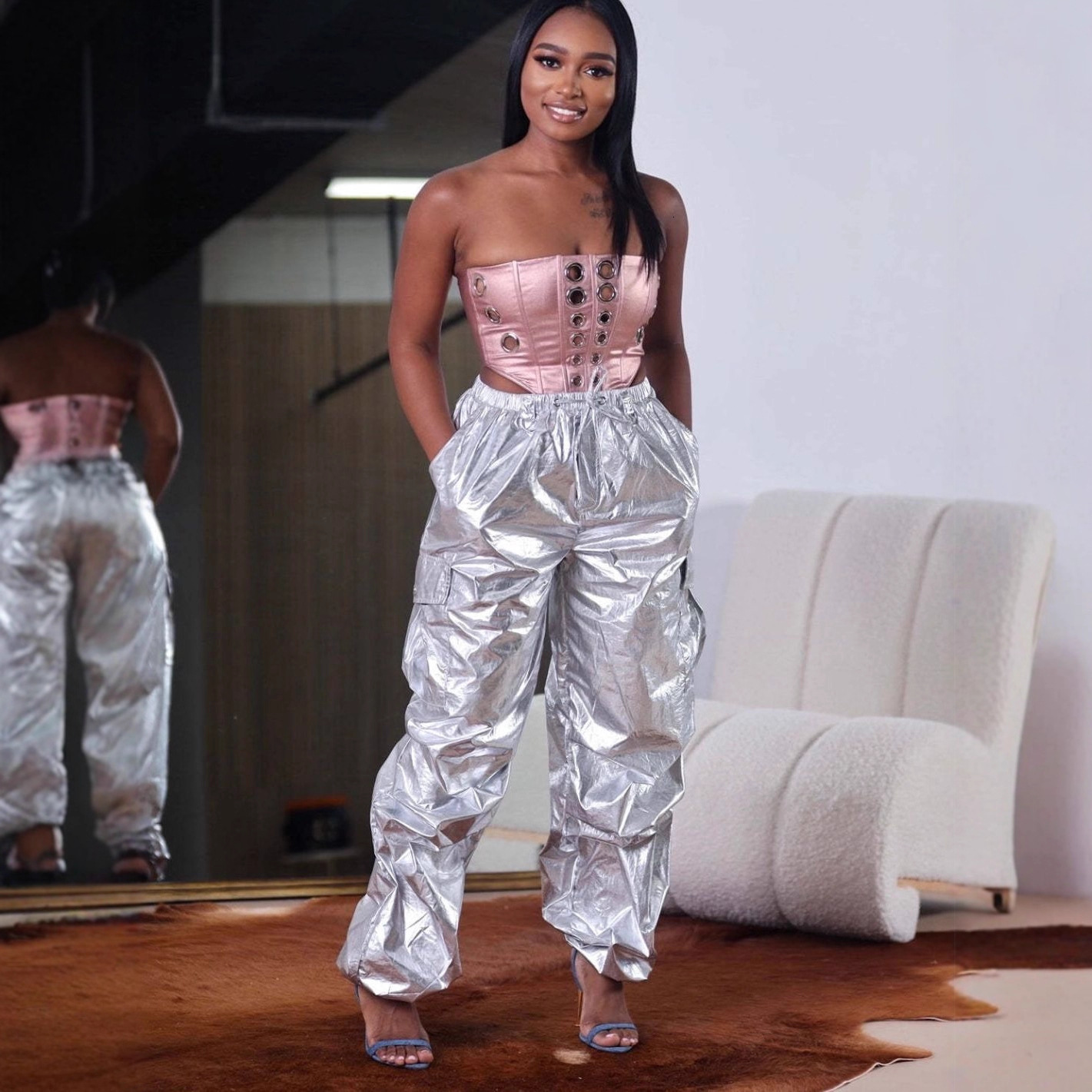 Fashion Womens Casual Pants Solid Color Three-Dimensional Pocket Pleated Cargo Trousers