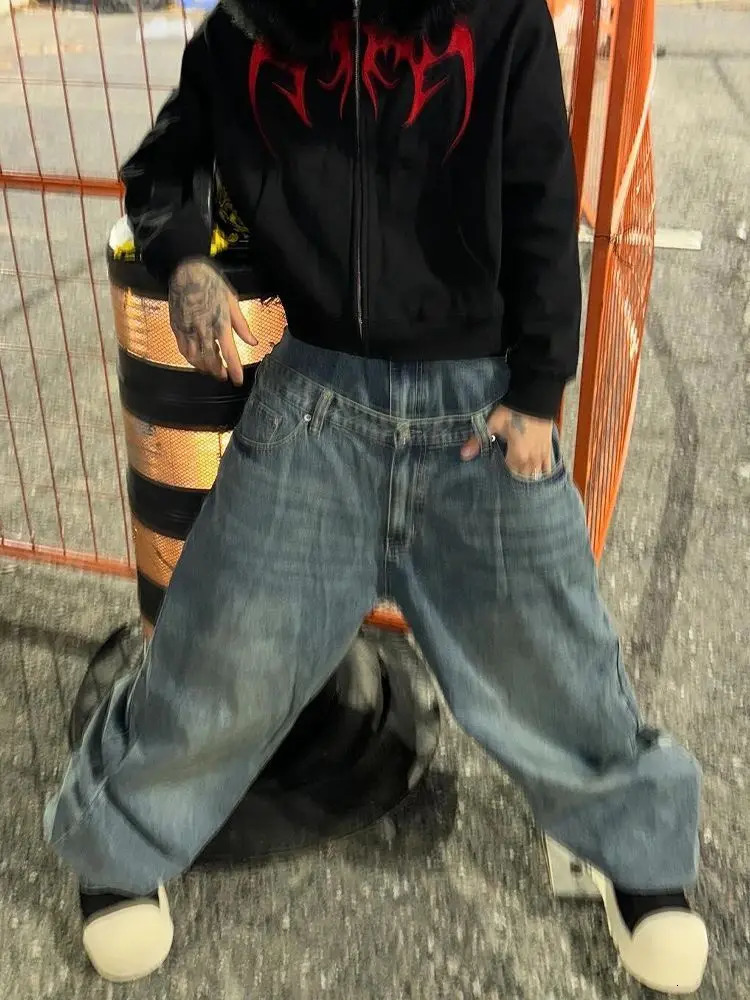 American double waist women jeans Y2k retro high street lazy style floor wide-leg pants for men and women 251225