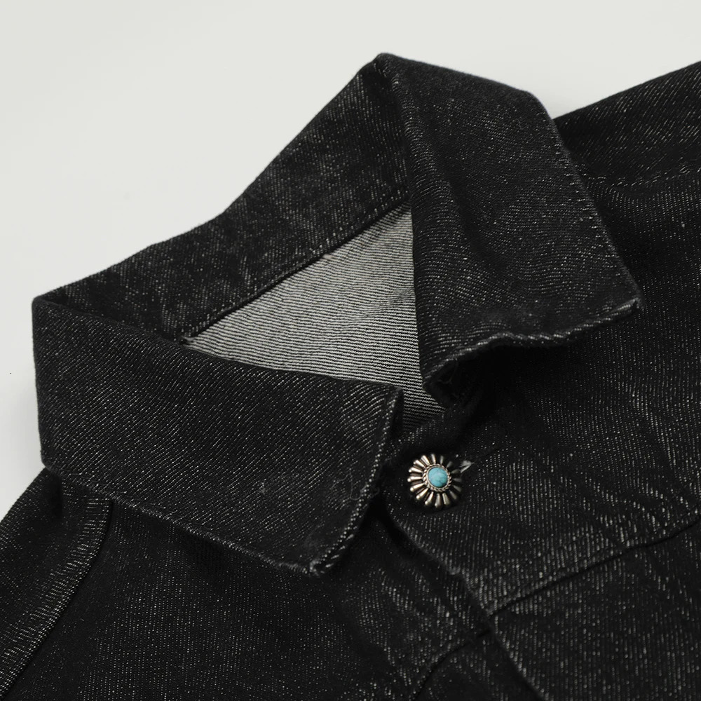 Men Vintage Denim Jacket Plane Buckle Turquoise Button Coat Casual American Retro Streetwear Black Top Outerwear 251230