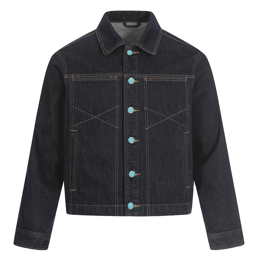 Men Turquoise Button Denim Jacket Casual Short Style Raw Jean Coat Vintage Outerwear 251230