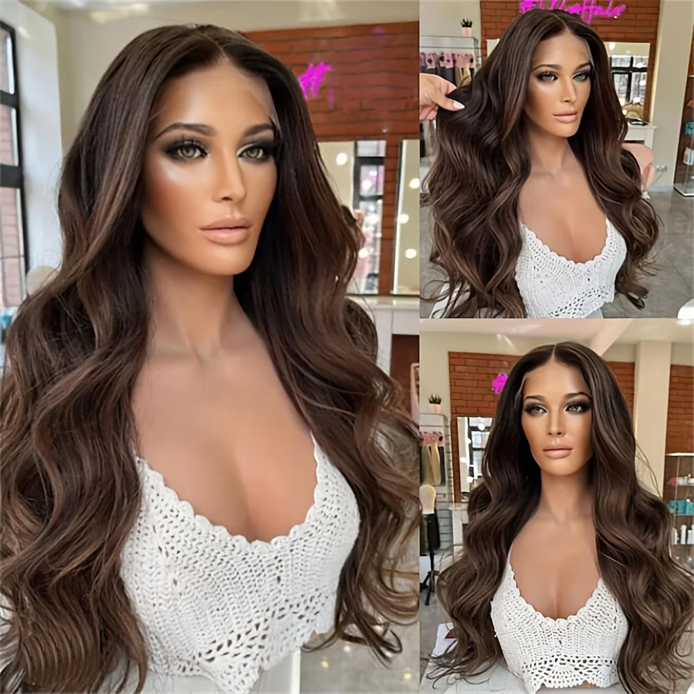 Burnette balayage natural human hair wigs fow women loose wavy full lace front wig with low highlights real hair 150%