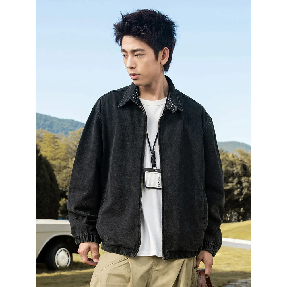 TFETTERS 2025 Spring Autumn Mens Vintage Washed Distressed Denim Jacket Man Zipup Print Collar Streetwear Fashion 251230