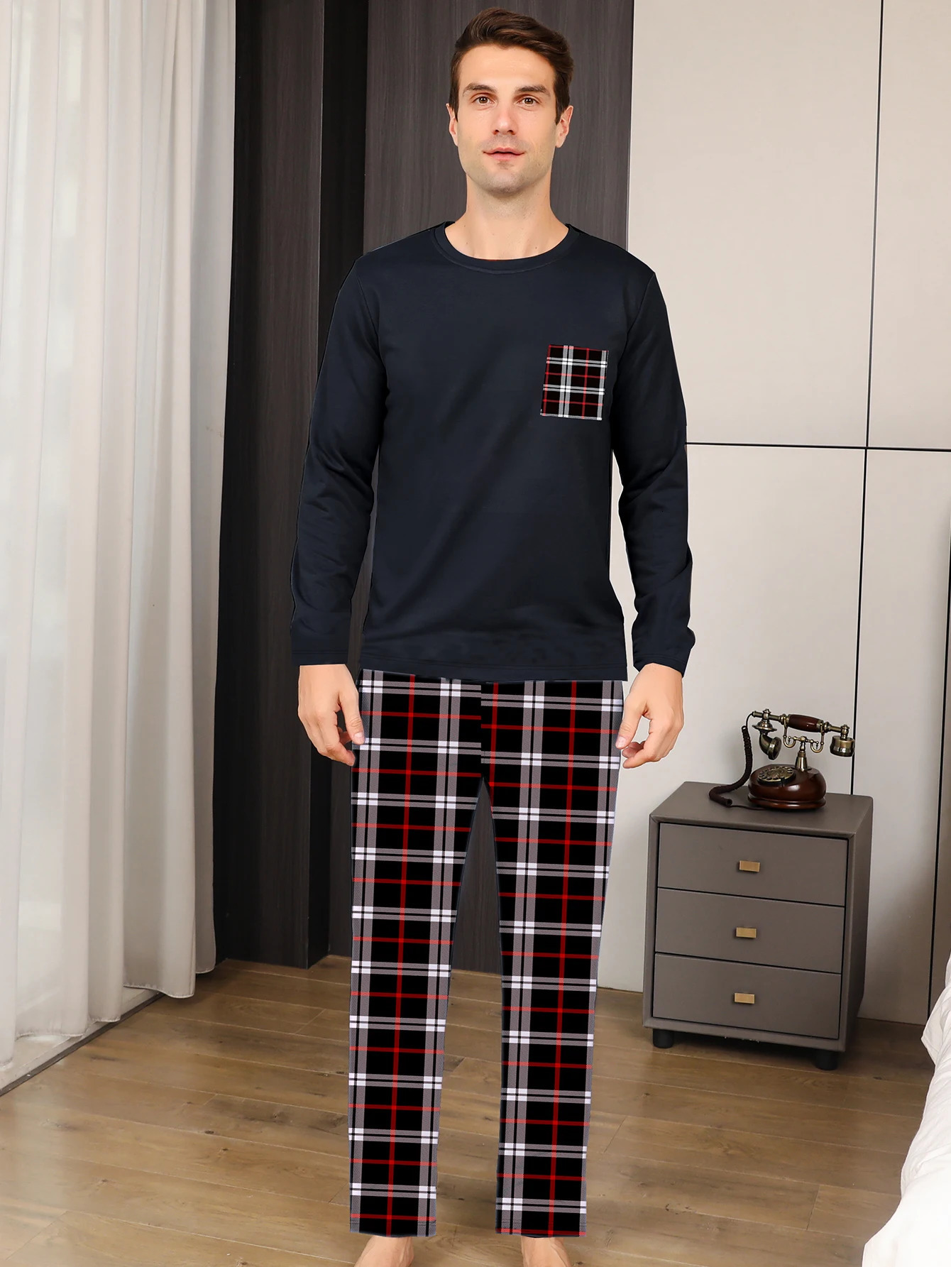 Two piece sets mens pajamas autumn and winter long sleeved pants checkered sleepwear set 251231