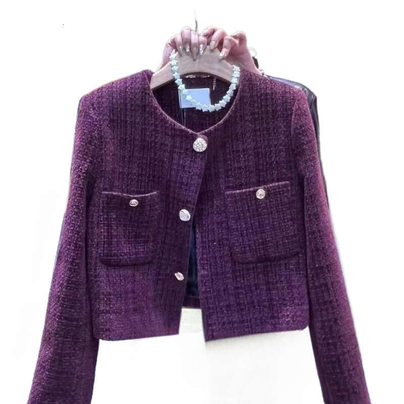 Purple Tweed Short Jacket Women's Coarse Woolen Coat Spring Autumn O-Neck Single-Breasted Streetwear Lady Outerwear