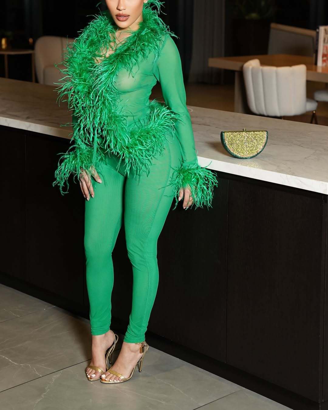 2025 Feather Patchwork Suit Fashion Casual Womens Sets Long Sleeve Tops and Pants Sexy Pink Elastic Two 2 Piece Set Outfits 251022