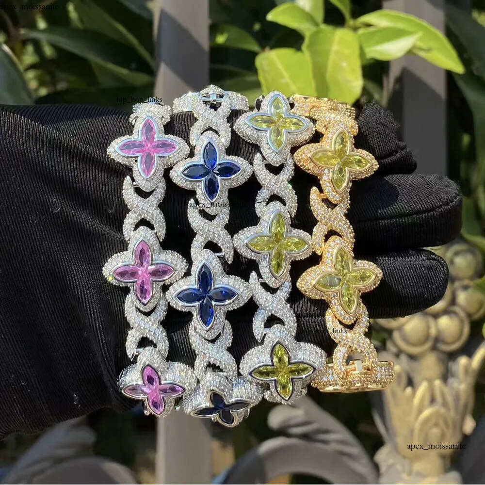 Moissanite Bracelet Luxury New 15mm Marquise Flower Design Hip hop Jewelry Iced out Unisex Cuban Link Chain Sier 9f
