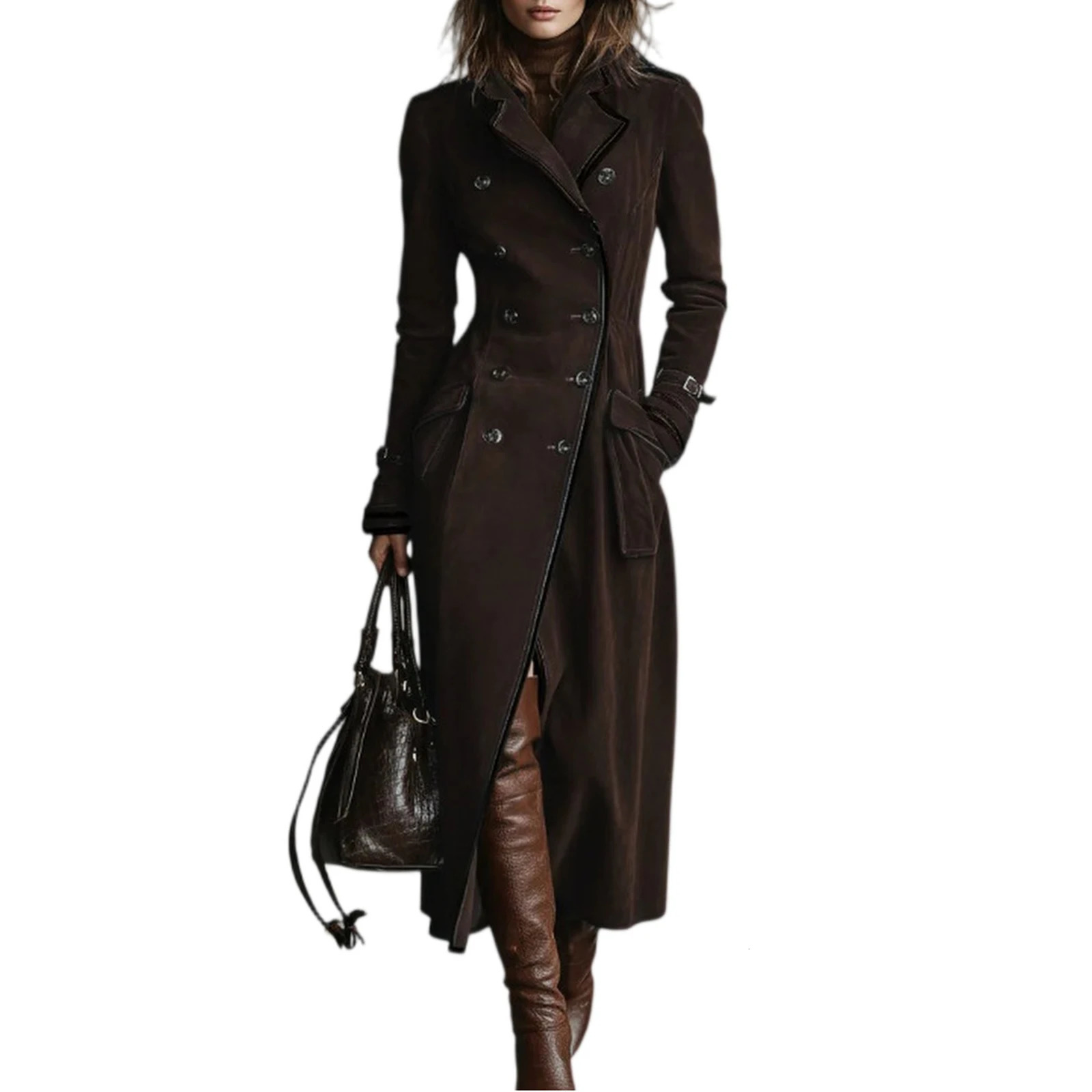 Solid Color Suede Long Windbreaker Elegant Collar Sleeved Coat Spring And Autumn Ladies Outdoor WomenS Trench 251231