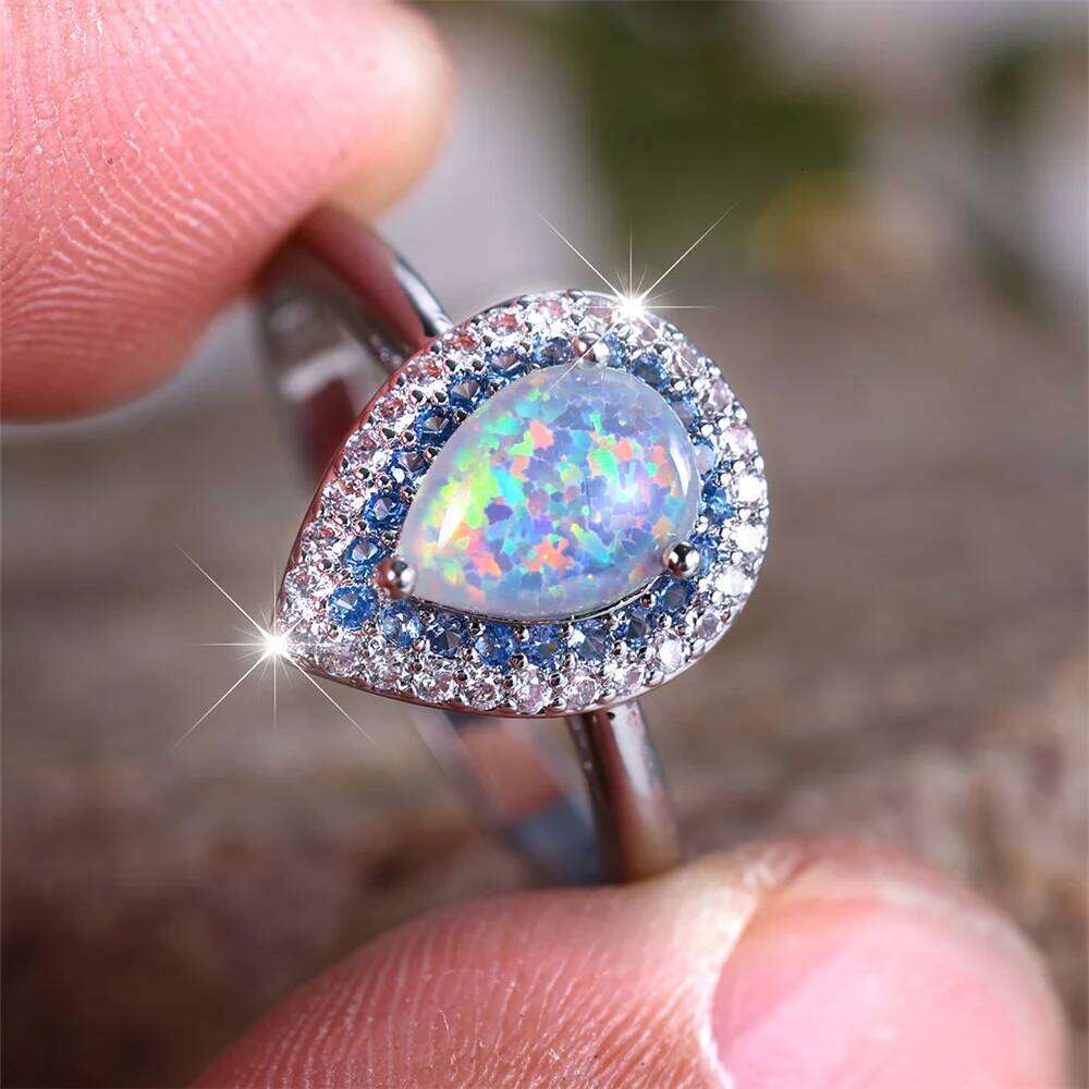 Romantic Love Engagement Ring White Fire Opal Heart Stone Rings For Women Blue Zircon Wedding Bands Silver Color Fashion Jewelry